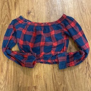 Plaid off the shoulder cropped shirt
